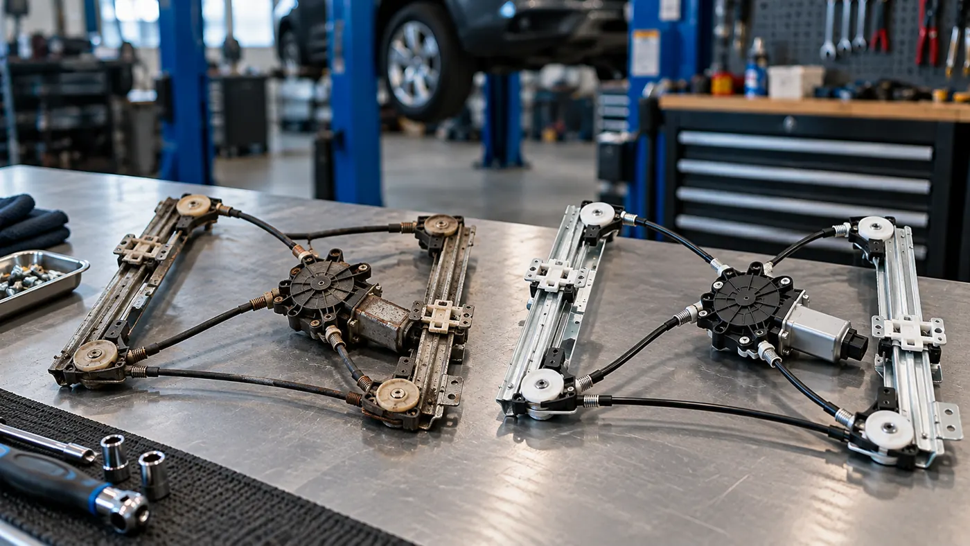 Ilustracja dwóch mechanizmów podnoszenia szyb o różnym stopniu zużycia